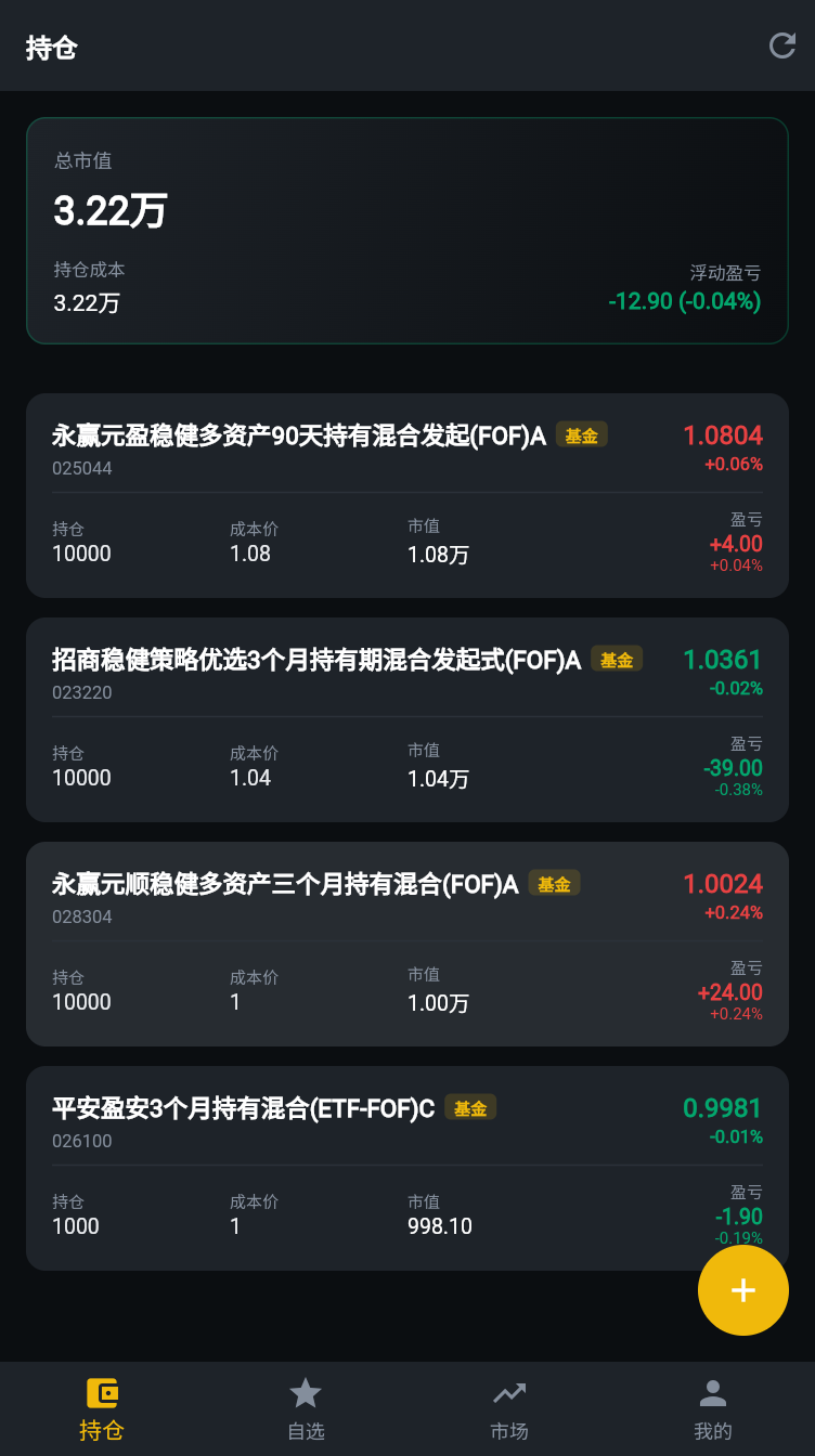 爱养基 App 持仓页真实截图：总市值、浮动盈亏与基金持仓列表